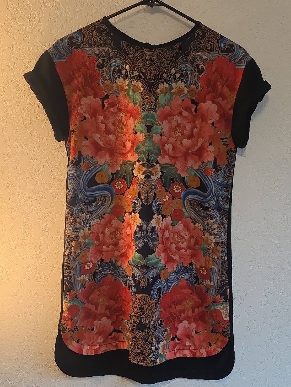 MINKPINK Black Tunic with Red and Blue Floral Print